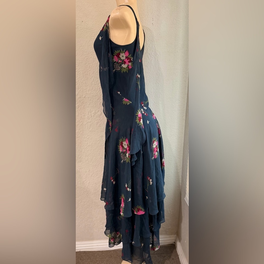 celia birtwell for Express Teal Floral Tiered Maxi Dress 100% silk lining Sz 6 - Picture 8 of 14